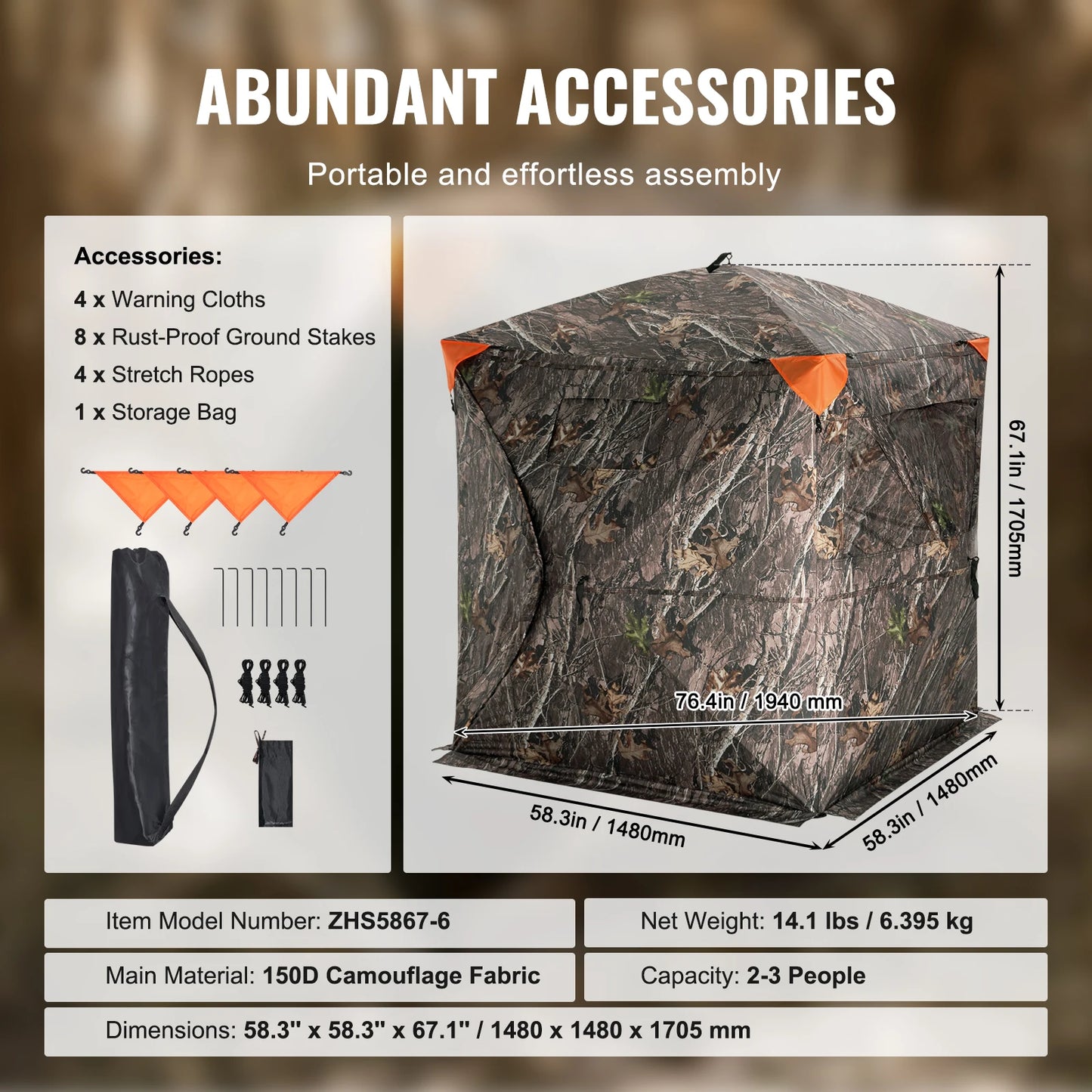 VEVOR Hunting Blind, 270° See through Ground Blind, 2-3 Person Pop up Deer Blind for Hunting with Carrying Bag, Portable Tent