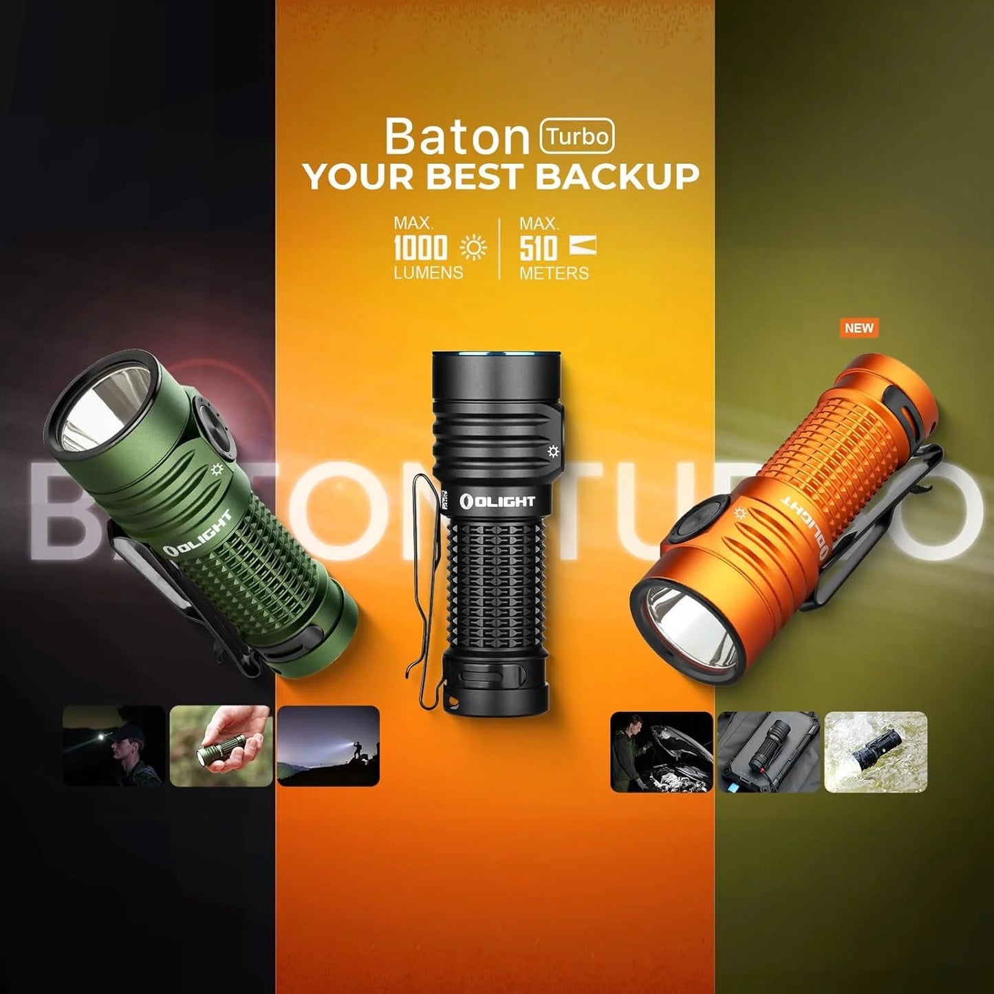 Baton Turbo EDC Rechargeable Handheld Flashlight, 1000 Lumens Compact LED and 510 Meters Long Throw Powerful Light, with Two-Way Clip and Landyard for Camping, Home Use (Black)