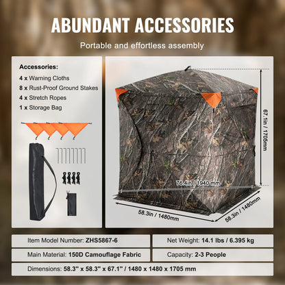 VEVOR Hunting Blind, 270° See through Ground Blind, 2-3 Person Pop up Deer Blind for Hunting with Carrying Bag, Portable Tent