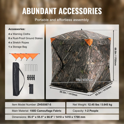 VEVOR Hunting Blind, 270° See through Ground Blind, 2-3 Person Pop up Deer Blind for Hunting with Carrying Bag, Portable Tent