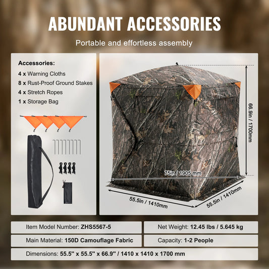 VEVOR Hunting Blind, 270° See through Ground Blind, 2-3 Person Pop up Deer Blind for Hunting with Carrying Bag, Portable Tent