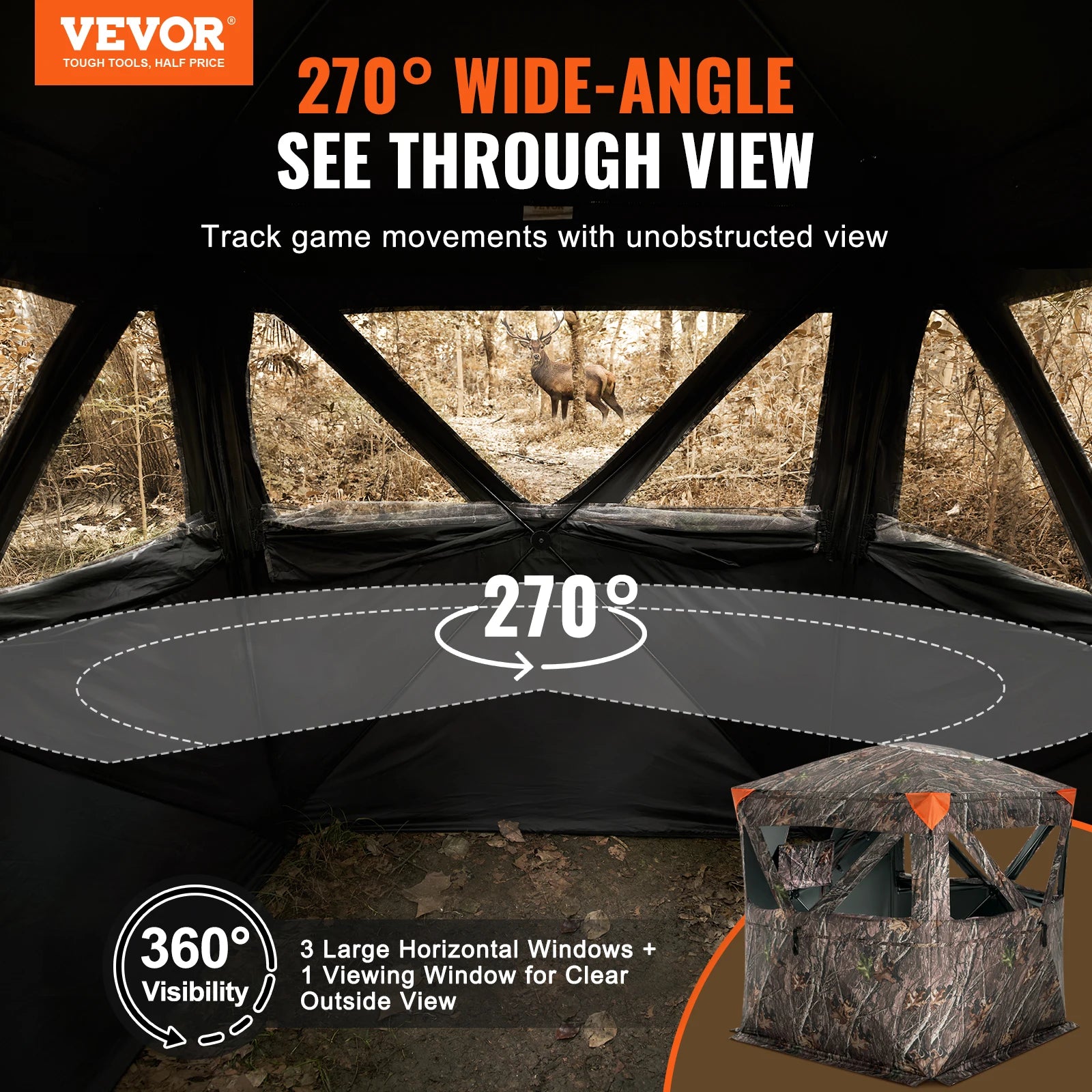 VEVOR Hunting Blind, 270° See through Ground Blind, 2-3 Person Pop up Deer Blind for Hunting with Carrying Bag, Portable Tent