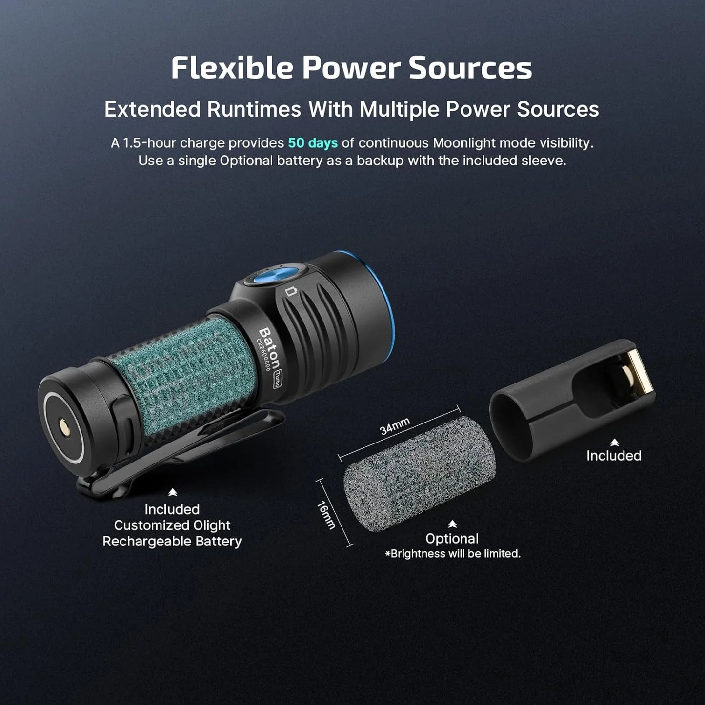 Baton Turbo EDC Rechargeable Handheld Flashlight, 1000 Lumens Compact LED and 510 Meters Long Throw Powerful Light, with Two-Way Clip and Landyard for Camping, Home Use (Black)