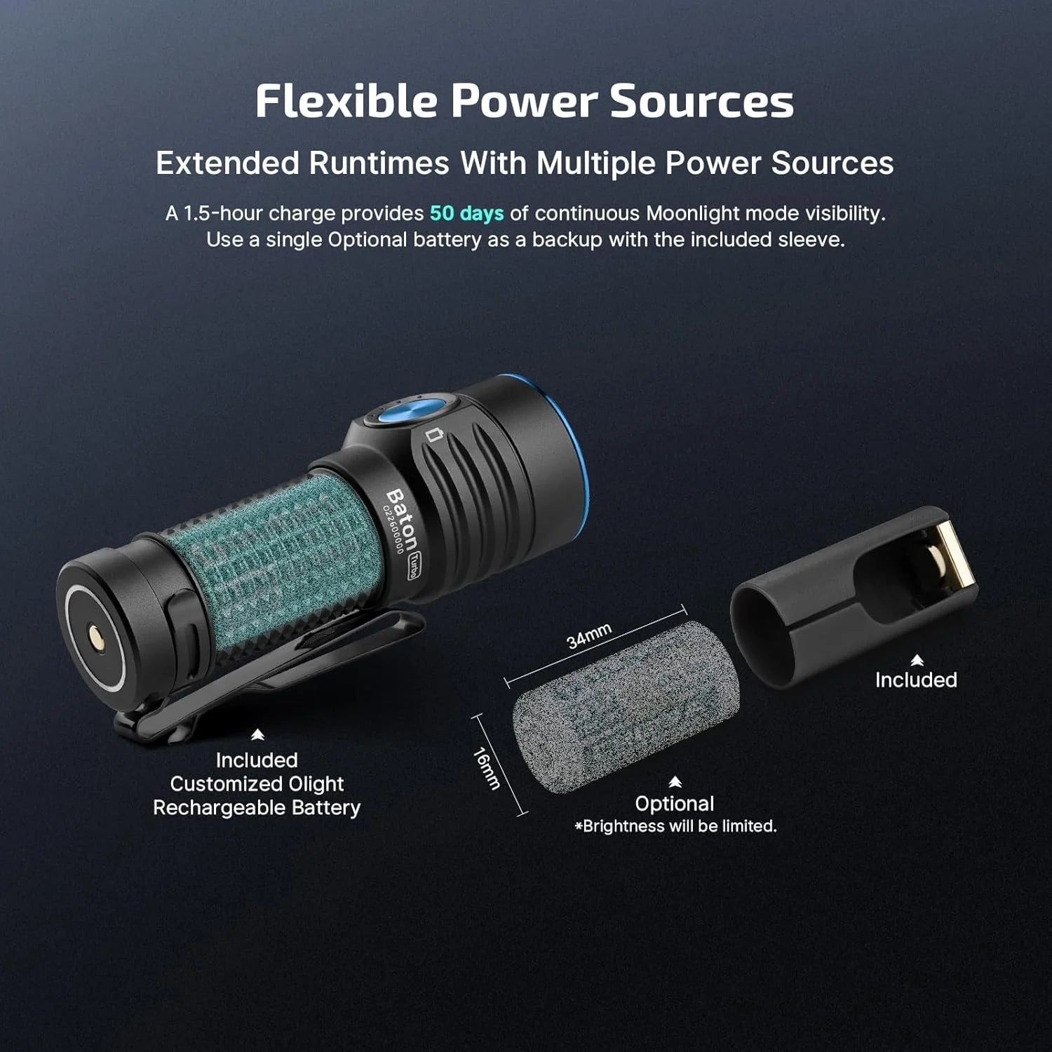 Baton Turbo EDC Rechargeable Handheld Flashlight, 1000 Lumens Compact LED and 510 Meters Long Throw Powerful Light, with Two-Way Clip and Landyard for Camping, Home Use (Black)