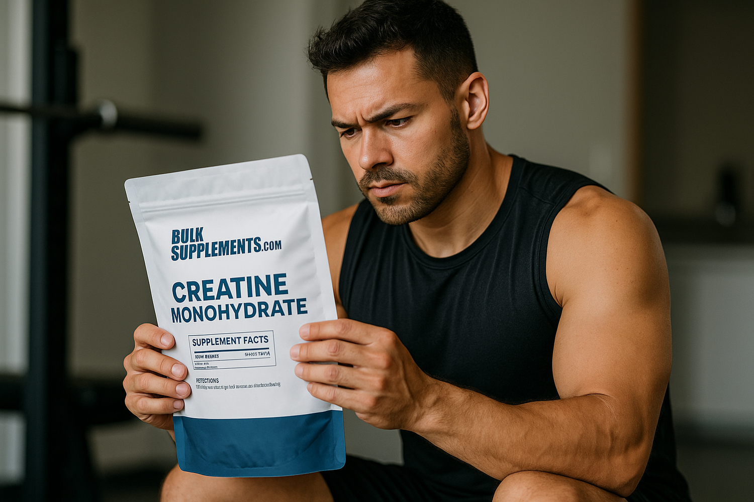 fitness guy reading how to use instructions on a create bag from bulksupplements.com 