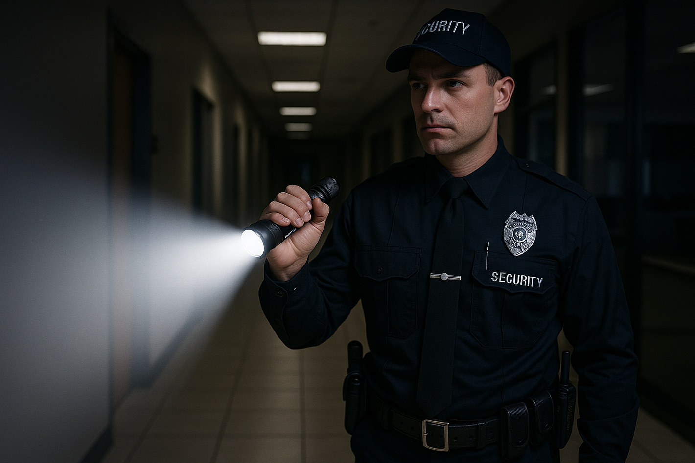 security guard using the Olight Baton Turbo Flash light inside a building