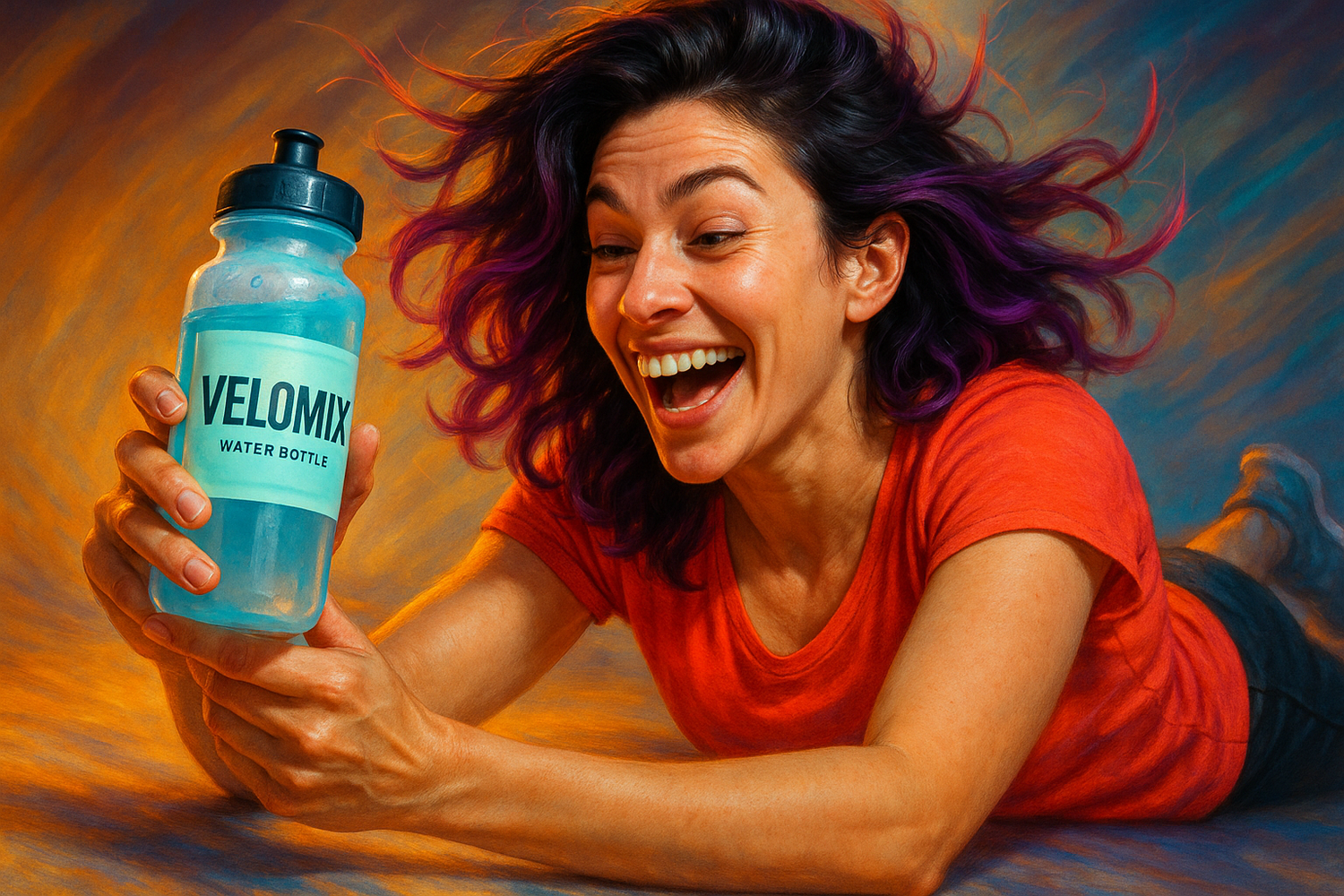 want the image to have purple highlights and be more energetic.. and the Velomix is a water bottle not a pill bottle