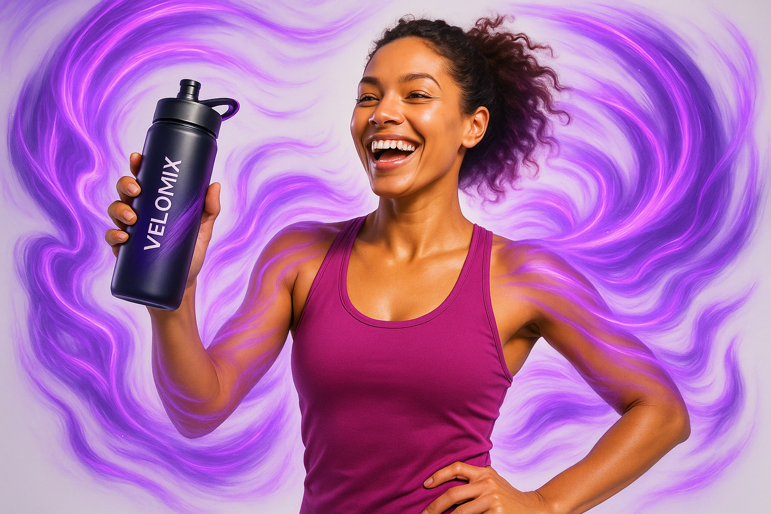 woman feeling energetic holding the Velomix water bottle, have energy waves coming off both of them with purpilish accents