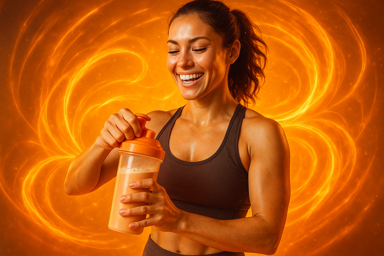 woman smiling while mixing a creatine shake, show vibrant orange energy 